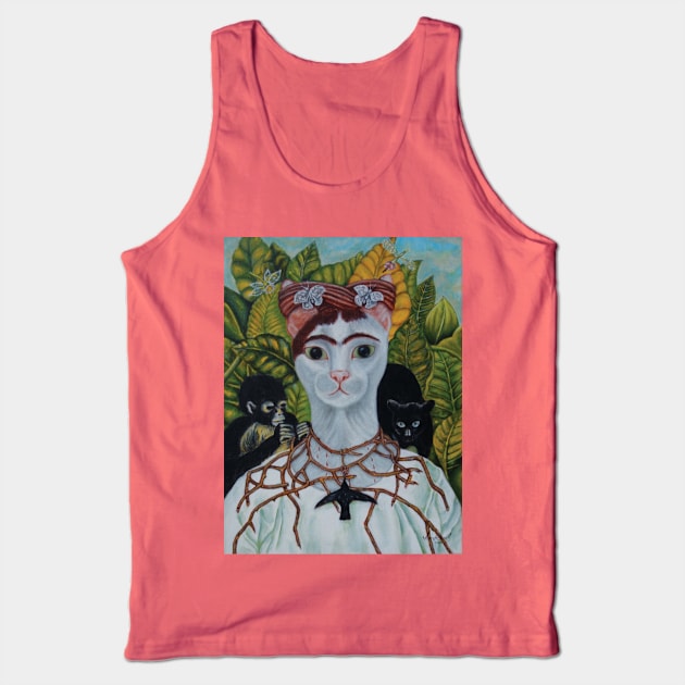 Frida portrait with Thorn Necklace and Hummingbird Tank Top by Varutchai